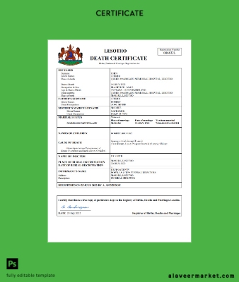 Lesotho vital record death Sertifika Word and PDF Şablon