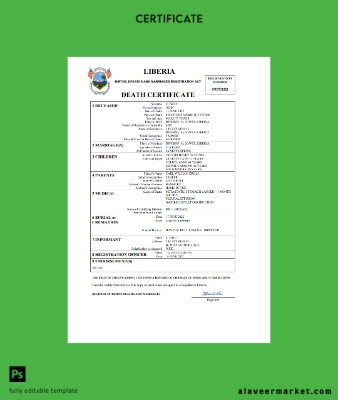 Liberia death Sertifika Word and PDF Şablon