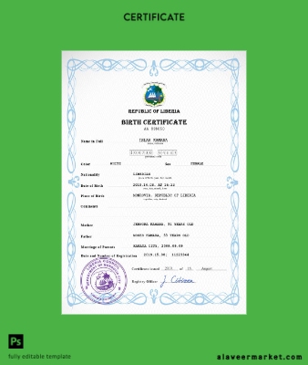 Liberia vital record birth Sertifika PSD Şablon