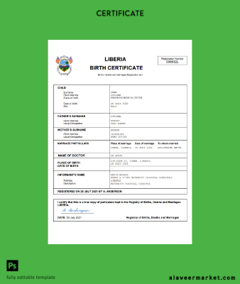 Liberia vital record birth Sertifika Word and PDF Şablon
