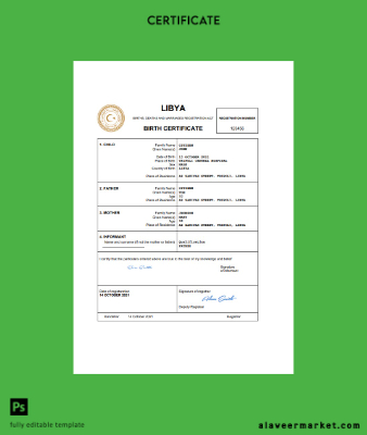 Libya birth Sertifika Word and PDF Şablon
