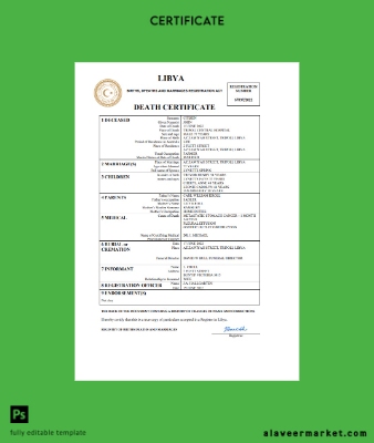 Libya death Sertifika Word and PDF Şablon