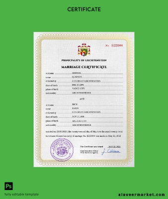 Liechtenstein marriage Sertifika PSD Şablon