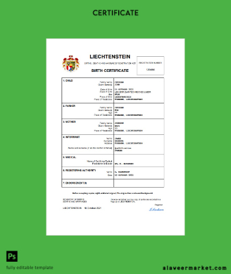 Liechtenstein vital record birth Sertifika Word and PDF Şablon
