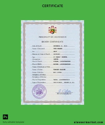 Liechtenstein vital record death Sertifika PSD Şablon