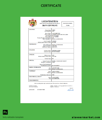 Liechtenstein vital record death Sertifika Word and PDF Şablon
