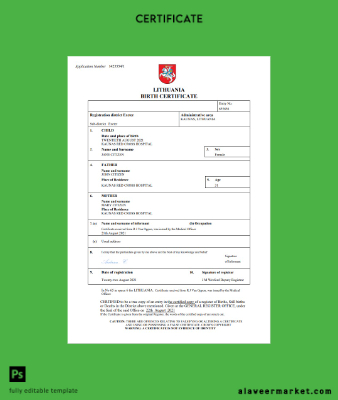 Litvanya birth Sertifika Word and PDF Şablon