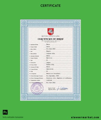 Litvanya vital record birth Sertifika PSD Şablon
