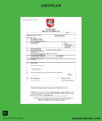 Litvanya vital record death Sertifika Word and PDF Şablon