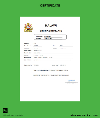 Malawi birth Sertifika Word and PDF Şablon completely Düzenlenebilir