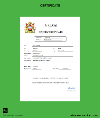 Malawi vital record death Sertifika Word and PDF Şablon