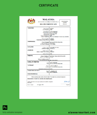 Malezya death Sertifika Şablon in Word and PDF format