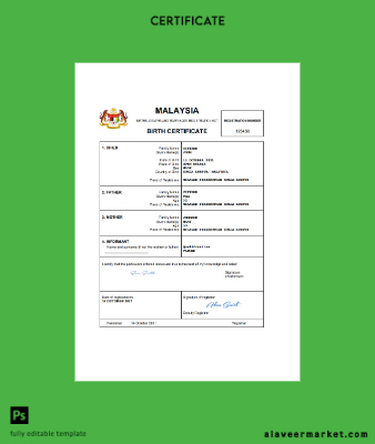 Malezya vital record birth Sertifika Word and PDF Şablon completely Düzenlenebilir