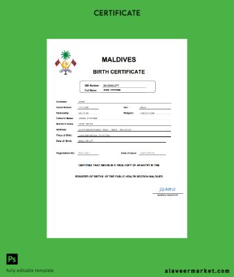 Maldives birth Sertifika Word and PDF Şablon
