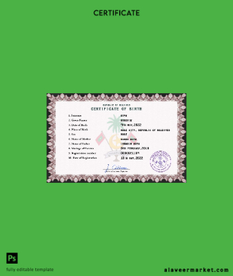 Maldives vital record birth Sertifika PSD Şablon
