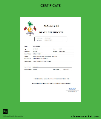 Maldives vital record death Sertifika Word and PDF Şablon