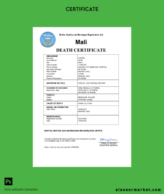Mali vital record death Sertifika Word and PDF Şablon