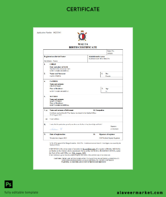 Malta birth Sertifika Word and PDF Şablon