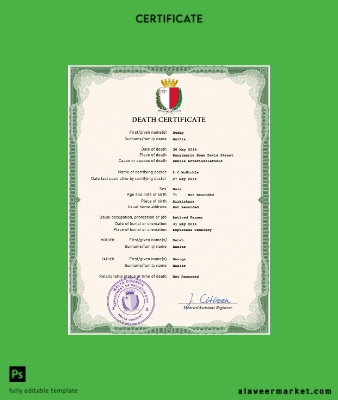 Malta vital record death Sertifika PSD Şablon