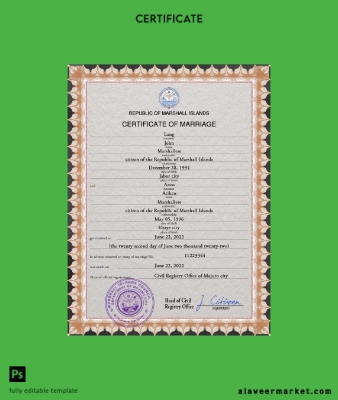 Marshall Islands marriage Sertifika PSD Şablon