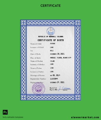 Marshall Islands vital record birth Sertifika PSD Şablon