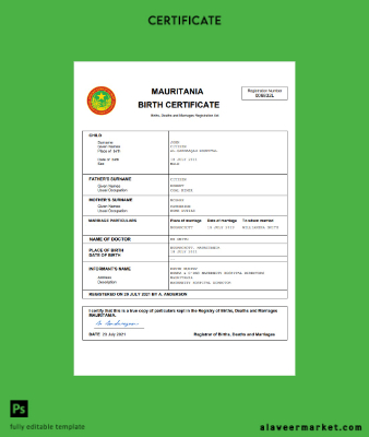 Mauritania birth Sertifika Word and PDF Şablon