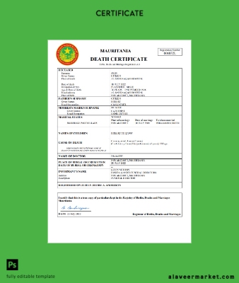 Mauritania vital record death Sertifika Word and PDF Şablon