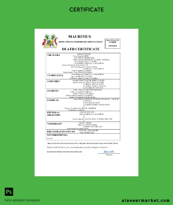 Mauritius death Sertifika Word and PDF Şablon completely Düzenlenebilir