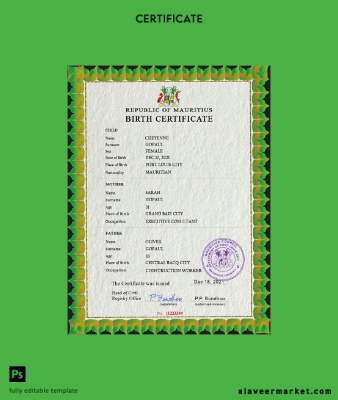 Mauritius vital record birth Sertifika PSD Şablon