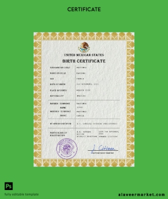Meksika vital record birth Sertifika PSD Şablon