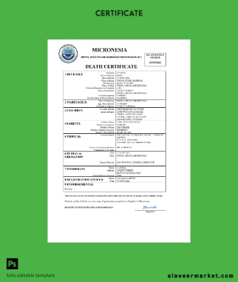 Micronesia vital record death Sertifika Word and PDF Şablon