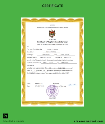 Moldova marriage Sertifika Word and PDF Şablon
