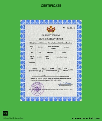 Monaco vital record birth Sertifika PSD Şablon