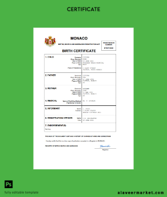 Monaco vital record birth Sertifika Word and PDF Şablon