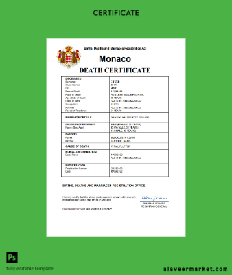Monaco vital record death Sertifika Word and PDF Şablon