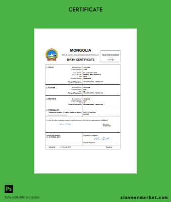 Moğolistan birth Sertifika Word and PDF Şablon