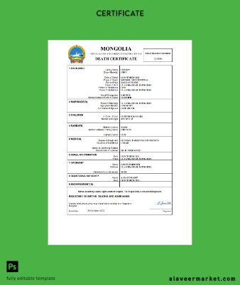 Moğolistan vital record death Sertifika Word and PDF Şablon