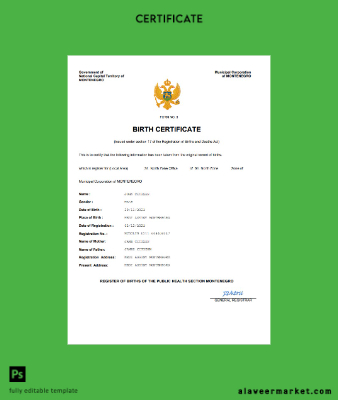 Montenegro birth Sertifika Word and PDF Şablon