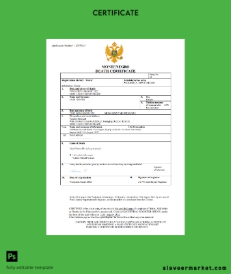 Montenegro death Sertifika Word and PDF Şablon