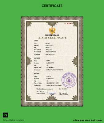 Montenegro vital record birth Sertifika PSD Şablon
