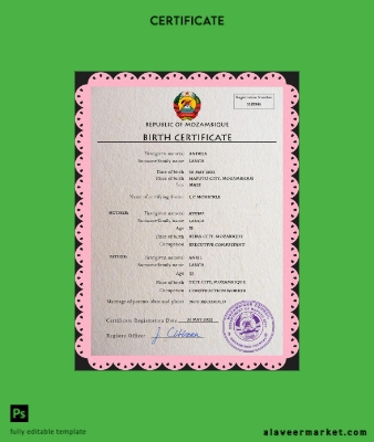 Mozambique birth Sertifika PSD Şablon