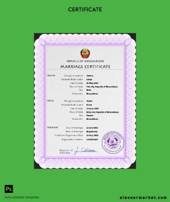 Mozambique marriage Sertifika PSD Şablon