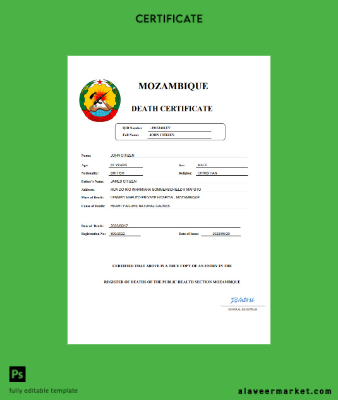 Mozambique vital record death Sertifika Word and PDF Şablon