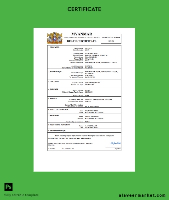 Myanmar death Sertifika Word and PDF Şablon