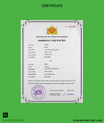 Myanmar marriage Sertifika PSD Şablon