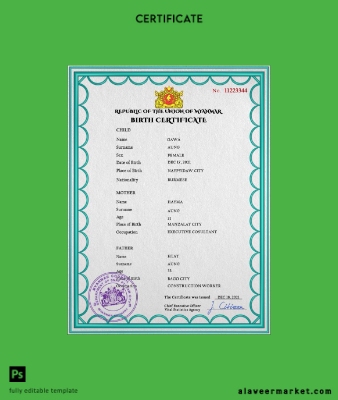 Myanmar vital record birth Sertifika PSD Şablon