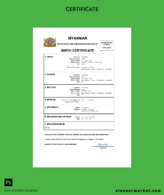 Myanmar vital record birth Sertifika Word and PDF Şablon