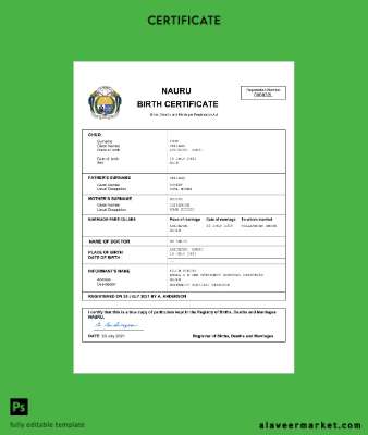 Nauru vital record birth Sertifika Word and PDF Şablon