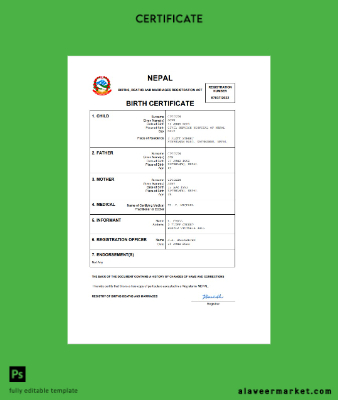 Nepal birth Sertifika Word and PDF Şablon