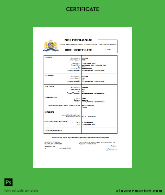 Hollanda vital record birth Sertifika Word and PDF Şablon